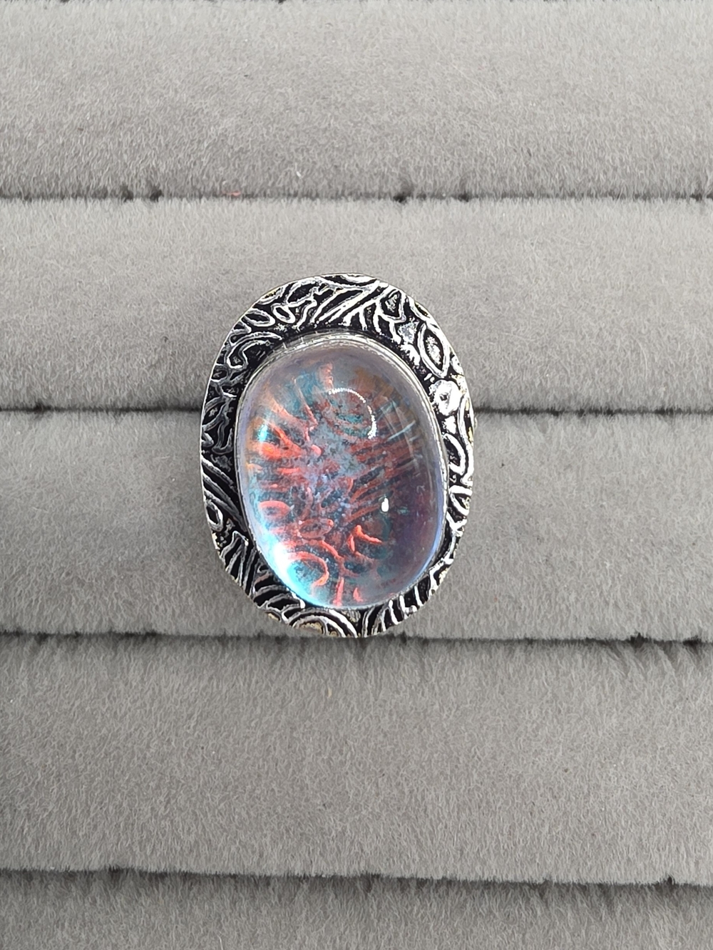 Silver Plated Oval Opalite Statement Ring Size 6 1/4 - Pink & Blue